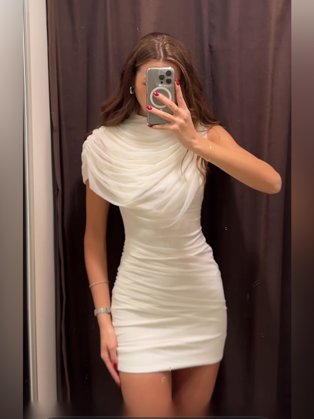 Zara Elegant White Draped One-Shoulder Dress